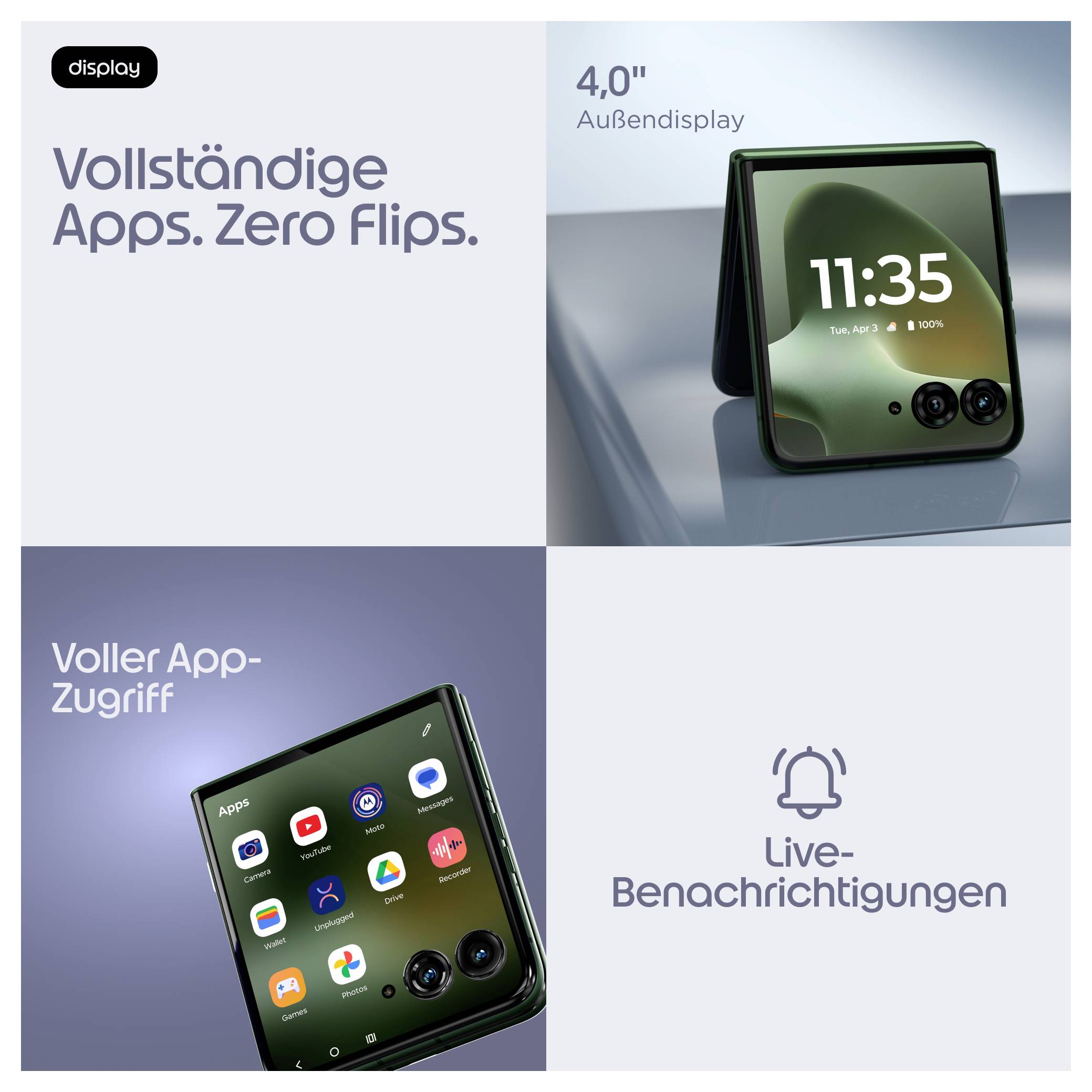 Faltbares Telefon-Anzeige mit 4,0-Zoll-Außendisplay, vollem App-Zugriff und Live-Benachrichtigungen mit deutschem Text: 'Vollständige Apps. Null Falten.'