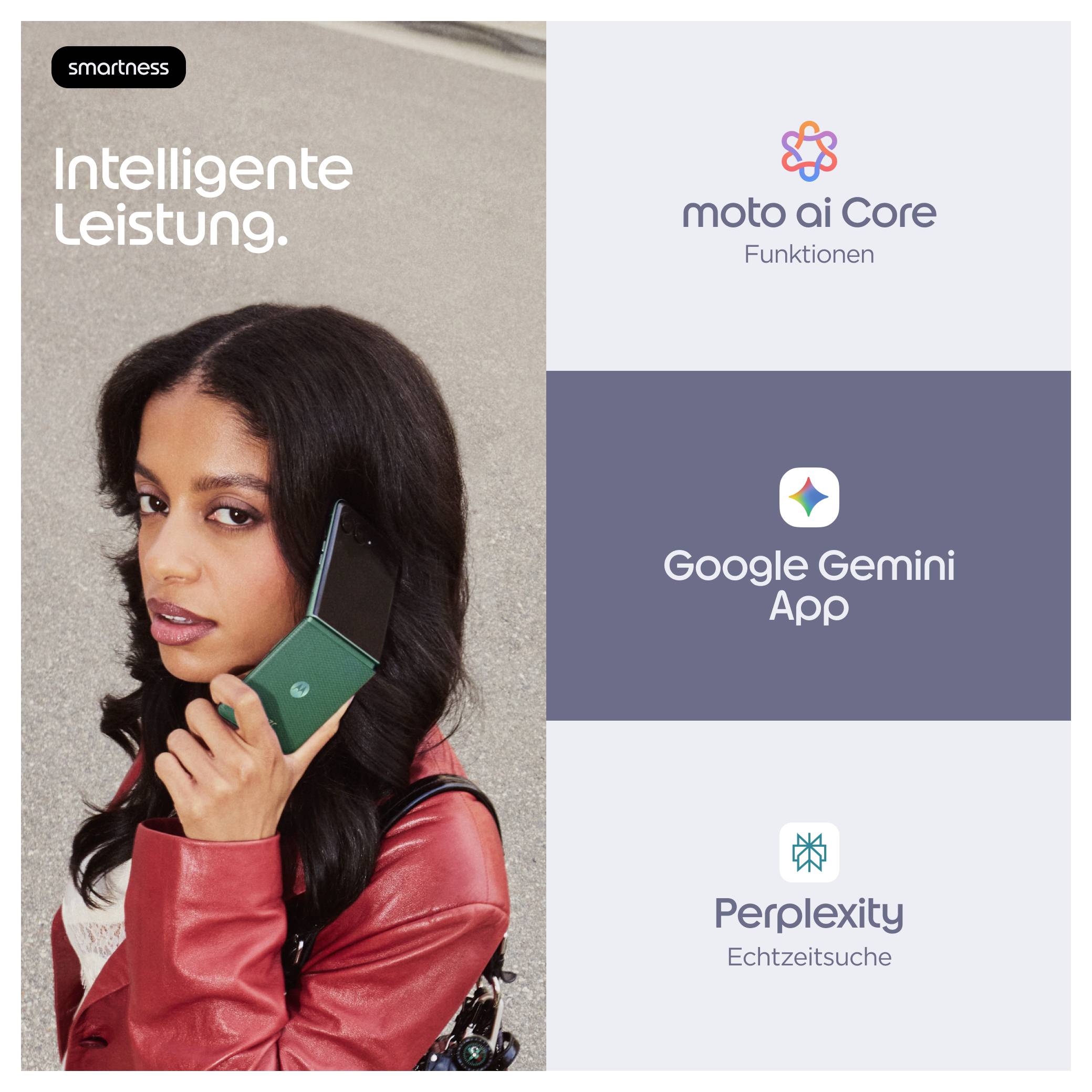 Deutsches Werbegrafik zeigt eine Frau, die ein grünes Motorola-Klapphandy hält, mit dem Text „Intelligente Leistung