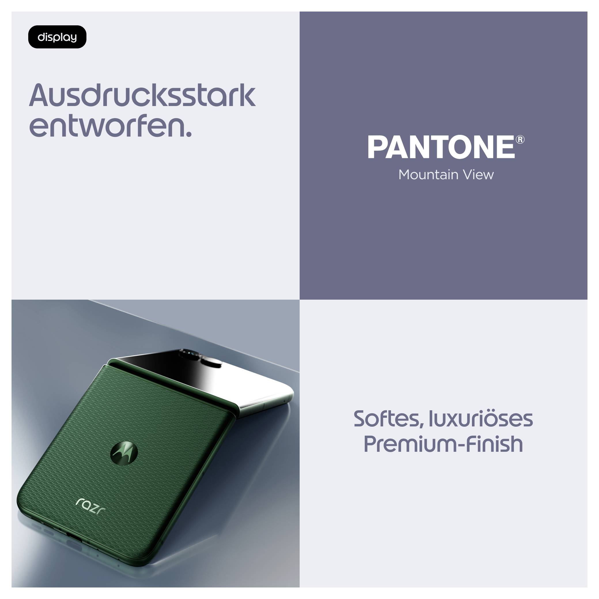 Promotional ad für Motorola razr und Pantone Mountain View mit dem Text „Ausdrucksstark entworfen