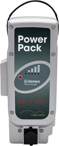 Ein silbernes Lithium-Ionen-Batteriepack mit der Bezeichnung „Power Pack