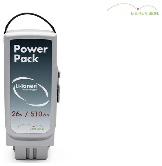 E-bike Vision Power Pack Lithium-Ionen-Akku mit Bezeichnung 26V/510Wh, Vorderansicht mit Tragegriff dargestellt.