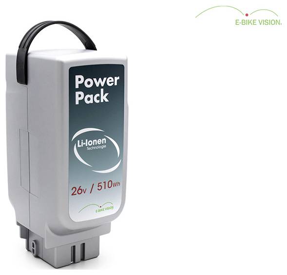 Silbernes E-Bike Power Pack Lithium-Ionen-Batteriepack mit Griff, beschriftet mit 26V / 510Wh und E-BIKE VISION Logo.