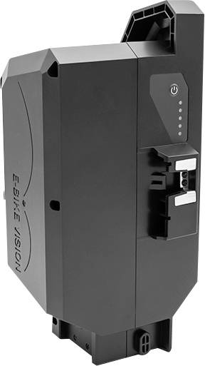 Schwarzes E-BIKE VISION Batteriepack mit Montageverbinder, seitlicher Einschalttaste und LED-Ladeanzeigen.