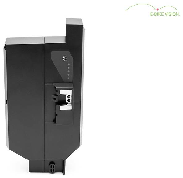 Schwarze E-Bike Vision Batterie-Pack in Vorderansicht mit Stromanzeige und Anschlussport auf weißem Hintergrund.