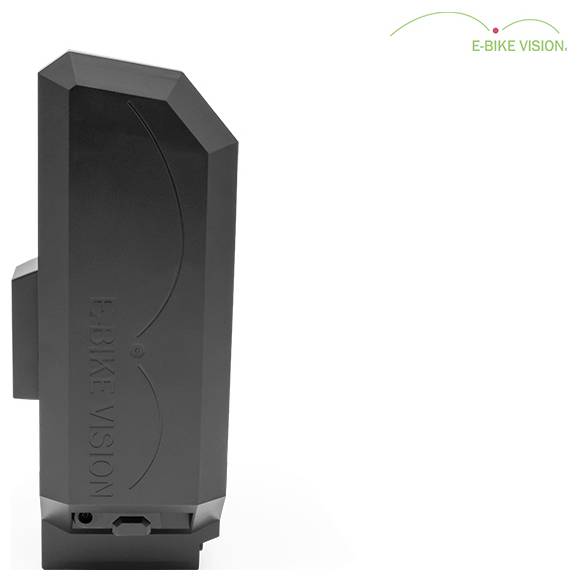Schwarzes E-BIKE VISION Batteriepaket in der Produktansicht auf weißem Hintergrund.