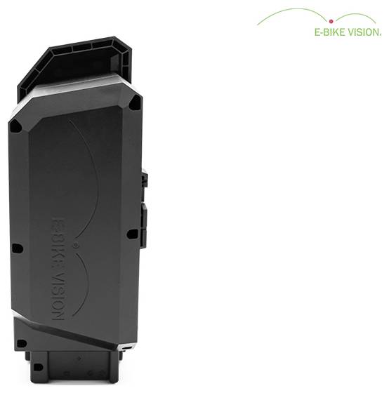Schwarze E-BIKE VISION Batterie shown in einem produktgestalteten Bild auf weißem Hintergrund.
