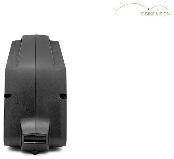 Schwarzes E-Bike Vision Batteriepack in Vorderansicht auf weißem Hintergrund, mit dem E-BIKE VISION Logo oben rechts.