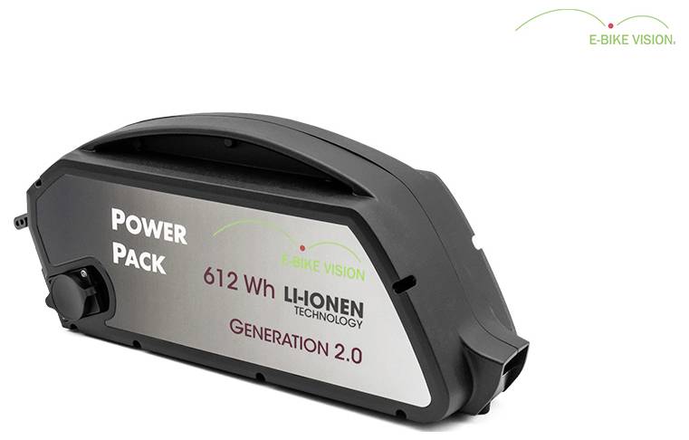 Black E-Bike Vision Power Pack Lithium-Batterie mit 612 Wh Bezeichnung Generation 2.0, in Profilansicht auf weißem Hintergrund abgebildet.