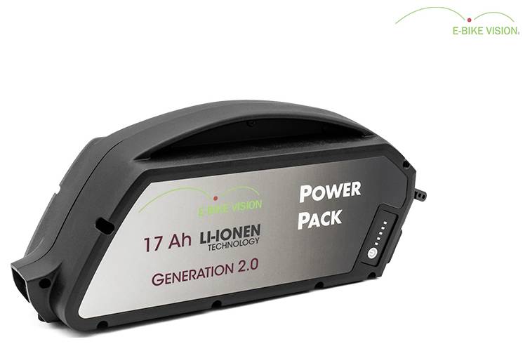 Schwarzes E-Bike Vision 17 Ah Lithium-Ionen-'Power Pack'-Akkupaket mit der Bezeichnung 'Generation 2.0' auf weißem Hintergrund.