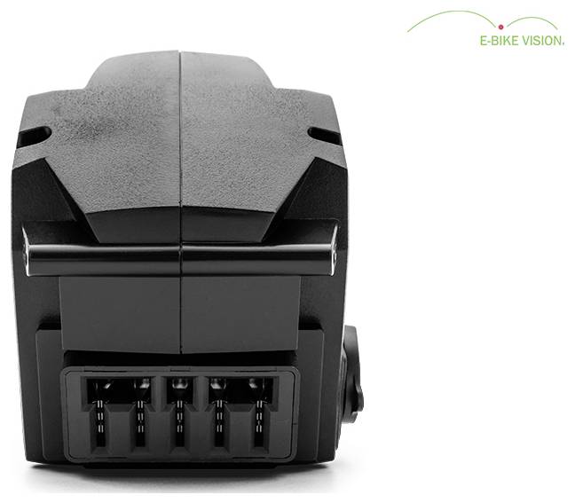 Vorderansicht eines schwarzen E-Bike-Elektronikmoduls oder einer Sensoreinheit mit einem Anschlussport, dargestellt auf weißem Hintergrund mit E-BIKE VISION-Logo.