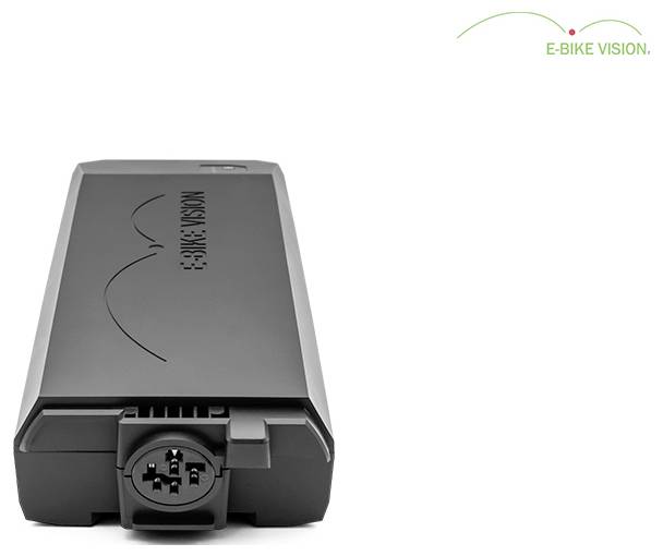 Schwarzes E-Bike Vision Batteriepaket in Vorderansicht auf weißem Hintergrund, mit sichtbarem Anschlussport.