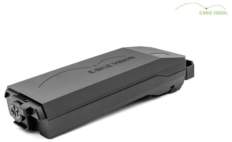 Schwarzes E-BIKE VISION Batteriepaket, dargestellt in einem Studio-Produktfoto vor weißem Hintergrund.
