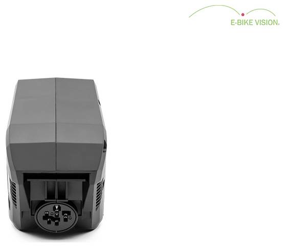Schwarzes rechteckiges E-Bike-Batteriepaket, von vorne auf weißem Hintergrund gezeigt, mit E-BIKE VISION-Logo oben rechts.