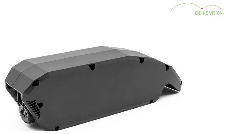 Seitenansicht eines schwarzen E-BIKE VISION Akkupacks auf weißem Hintergrund.