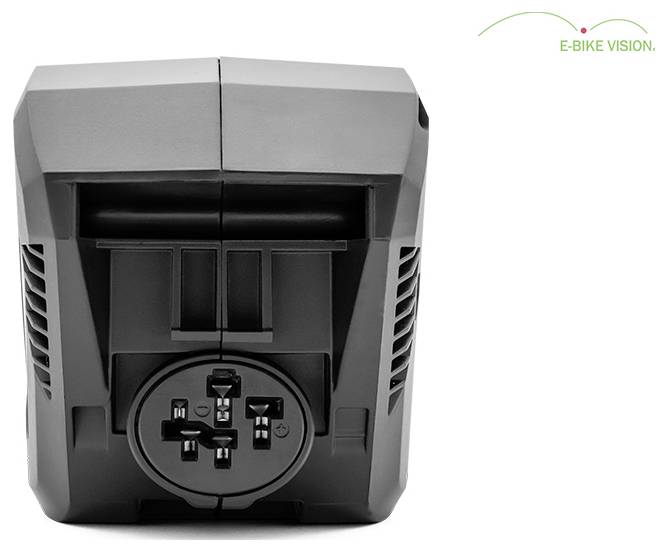 Frontansicht eines schwarzen E-Bike-Akkupacks mit Anschlussklemmen und dem E-Bike Vision Logo in der Ecke.