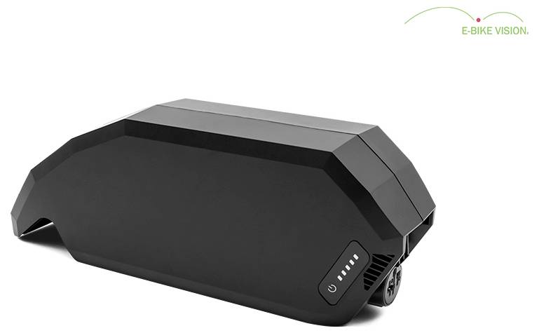 Schwarzes E-Bike Vision Akkupack mit Ladeanzeige und Montageanschluss, auf weißem Hintergrund abgebildet.