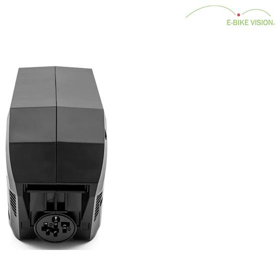 Schwarzes E-BIKE VISION Batteriepack von hinten gezeigt, mit Ladeanschluss und belüftetem unteren Bereich.