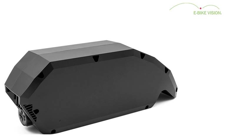 Schwarzes E-Bike Vision Akkupack, dargestellt in einem produktstilisierten Bild auf weißem Hintergrund.
