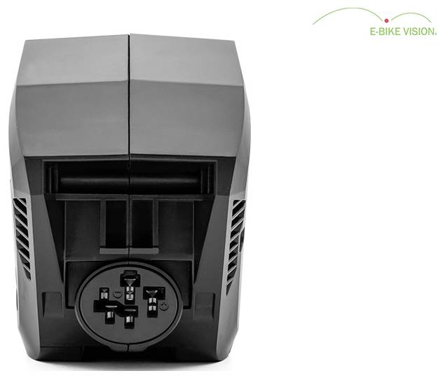 Schwarzes E-Bike-Batteriepaket in Vorderansicht, mit E-BIKE VISION-Logo in der Ecke.
