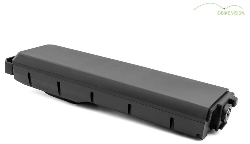 Schwarze rechteckige E-Bike-Batterie im Seitenprofil auf weißem Hintergrund, mit der Marke „E-BIKE VISION