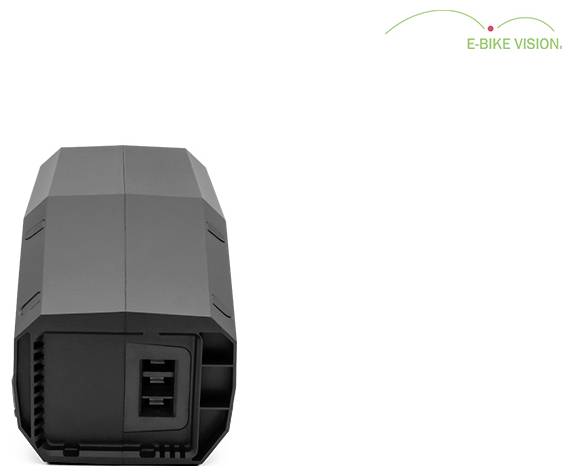 Schwarzes geometrisches E-Bike-Batteriepack vor weißem Hintergrund, mit dem Logo „E-BIKE VISION