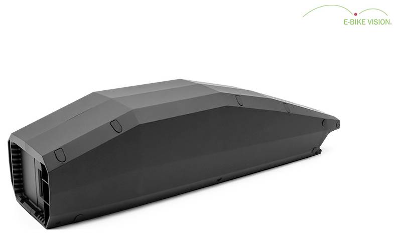 Schwarze E-Bike Vision Batterie in Seitenansicht auf weißem Hintergrund.
