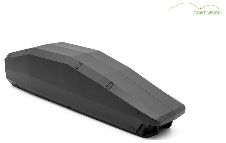 Dunkelgraues geometrisches Batteriepaket oder Batterieverkleidung in perspektivischer Ansicht auf weißem Hintergrund, mit E-Bike Vision Logo oben rechts.