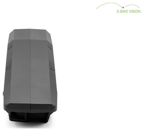 Schwarzes rechteckiges E-Bike-Akkupaket auf weißem Hintergrund mit dem Logo 