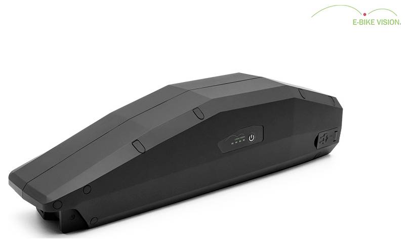 Schwarzes E-Bike-Batteriepaket mit eingebautem Stromanzeige und Knopf, gezeigt auf weißem Hintergrund mit dem Logo „E-BIKE VISION