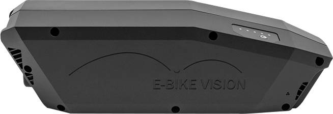 Schwarzes E-Bike Vision Batteriepaket von unten gezeigt, mit sichtbarer „E-BIKE VISION