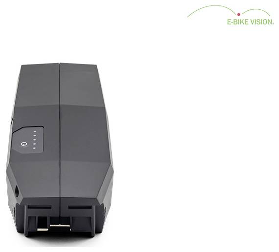 Schwarzes E-Bike Vision Akkupack in Vorderansicht auf weißem Hintergrund, mit Stromanzeige-LEDs und E-BIKE VISION Logo.