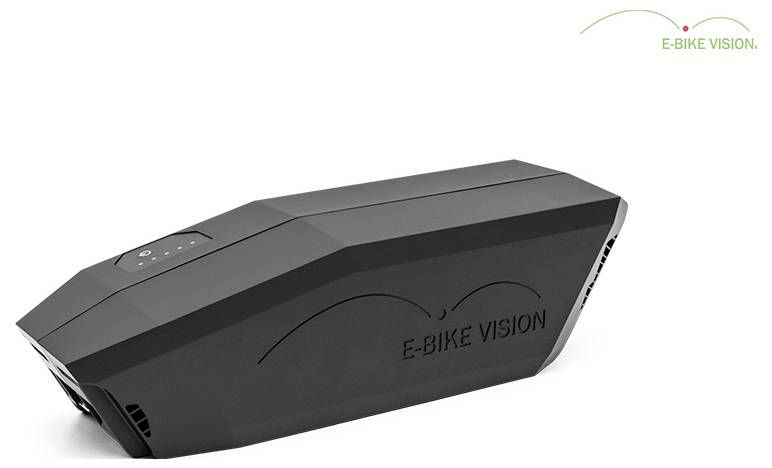 Black E-Bike Vision Akkupack in angewinkelter Produktansicht auf weißem Hintergrund.