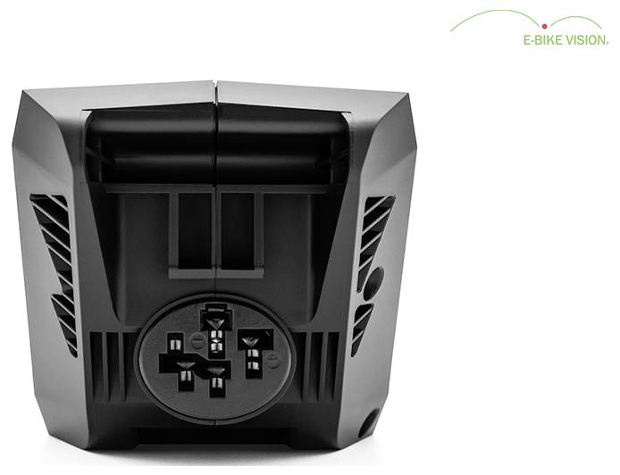 Schwarze E-Bike-Batteriebefestigung mit runden Anschlussanschlüssen, Vorderansicht auf weißem Hintergrund, mit der Marke „E-BIKE VISION