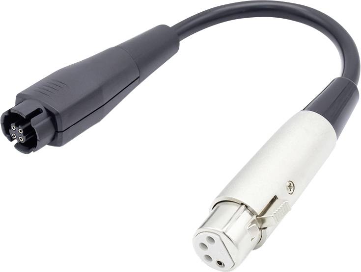 Ein schwarzer Kabeladapter mit einem mehrpoligen weiblichen Stecker auf der einen Seite und einem silbernen 3-poligen runden Stecker auf der anderen Seite.