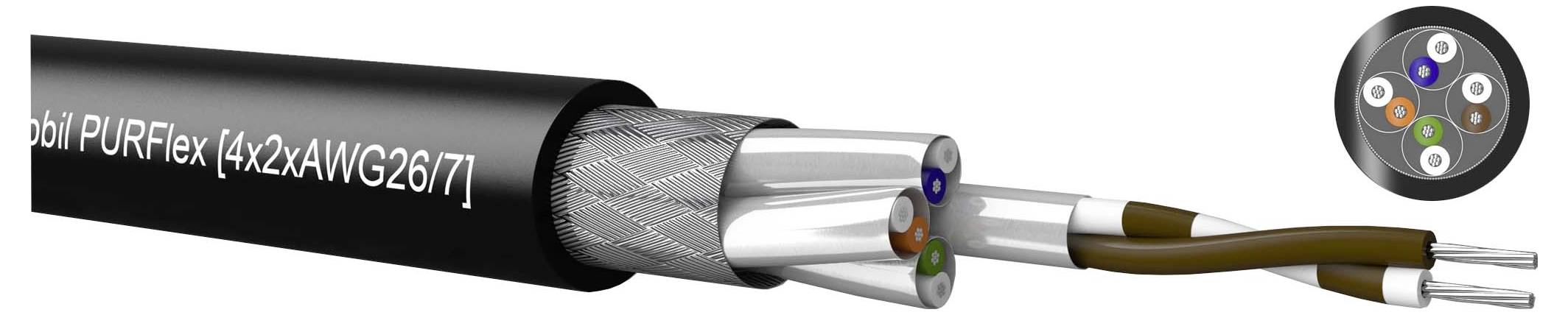 Querschnitt eines schwarzen PURFlex-Kabels mit der Bezeichnung „mobil PURFlex (4x2xAWG26/7)