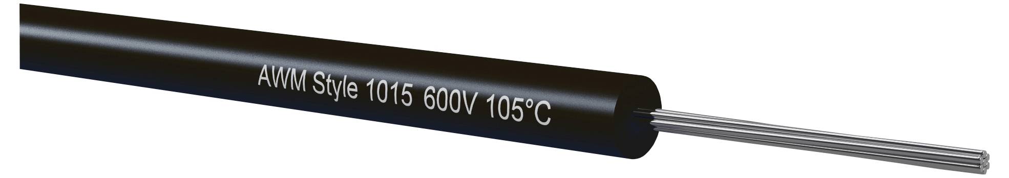 Schwarzes isoliertes Elektrokabel mit der Bezeichnung „AWM Style 1015 600V 105C