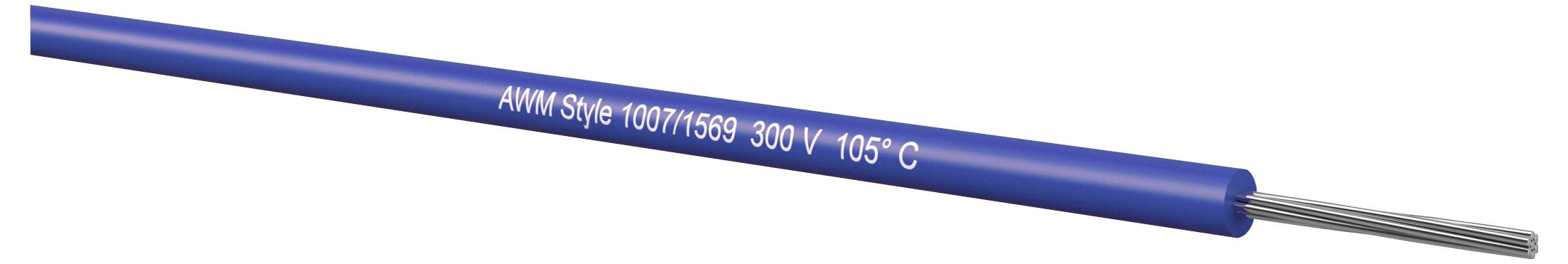 Blaues isoliertes Stromkabel mit der Bezeichnung 'AWM Style 1007/1569 300V 105°C' mit freiliegendem Silberdraht an einem Ende