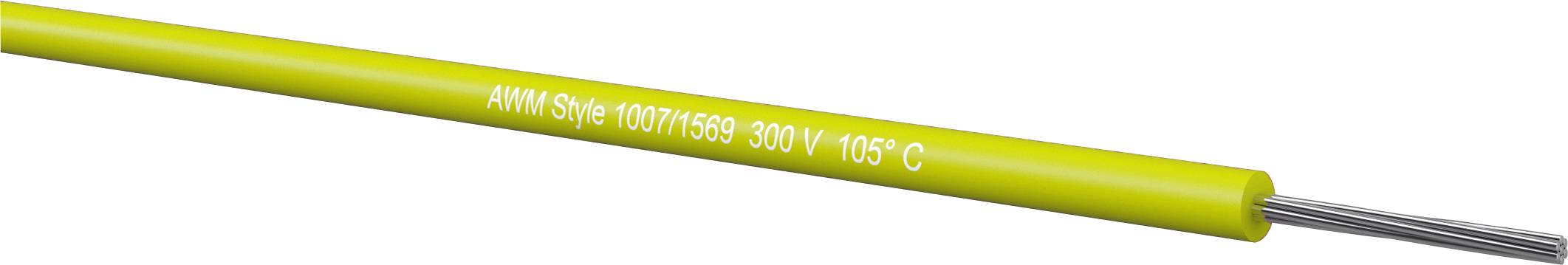 Ein gelbes isoliertes Elektrokabel mit der Bezeichnung „AWM Style 1007/1569 300V 105°C