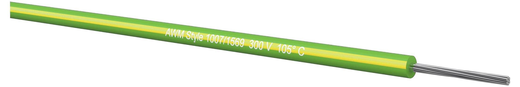 Grünes isoliertes Kabel mit freiliegenden Silberleitern an einem Ende, mit der Bezeichnung 