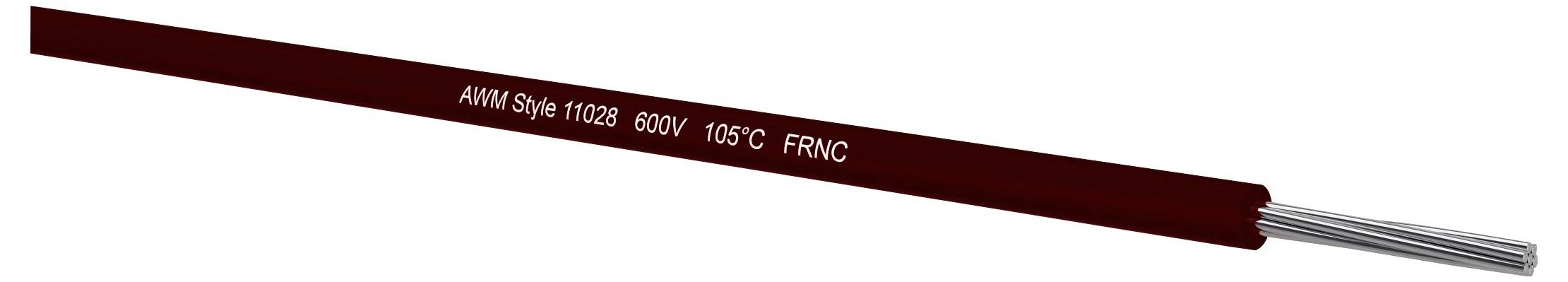 Nahaufnahme eines roten elektrischen Kabels mit freigelegten silbernen Leitern, gekennzeichnet als AIM Style 11028 600V 105°C FRNC.