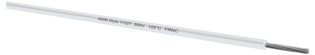 Weißes Elektrokabel mit der Bezeichnung „Style 11027 300V 105C FRNC