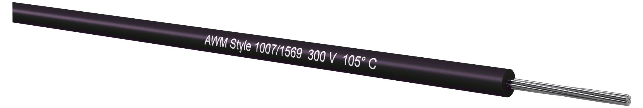 Schwarz isoliertes Elektrokabel mit Kennzeichnung AWM Style 1007/1569 300V 105°C, mit freigelegten Silberleitern an einem Ende.