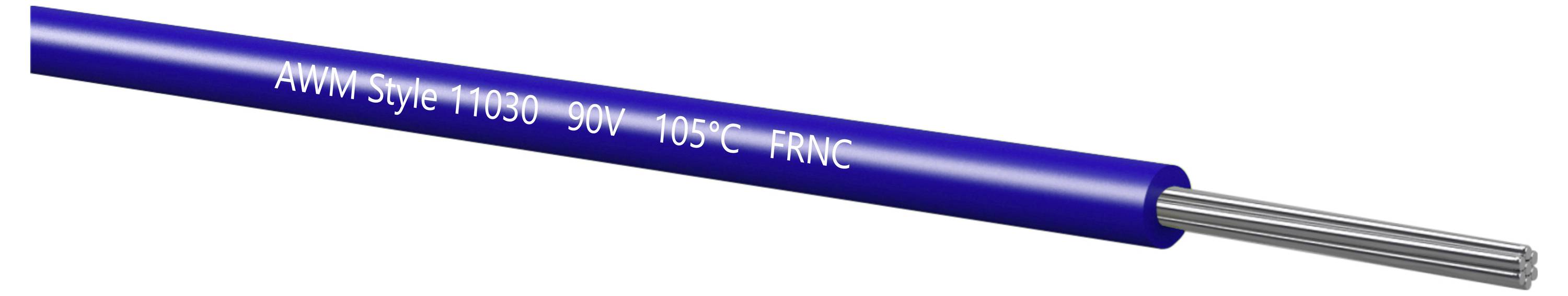Blaues isoliertes Elektrokabel mit der Bezeichnung „AWM Style 1030 90V 105C FRNC