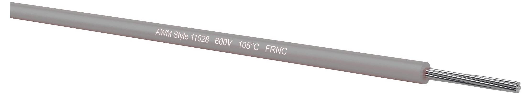 Graues Elektrokabel mit freigelegten silbernen Leitern, beschriftet mit AWM Style 10126 600V 105C FRNC.