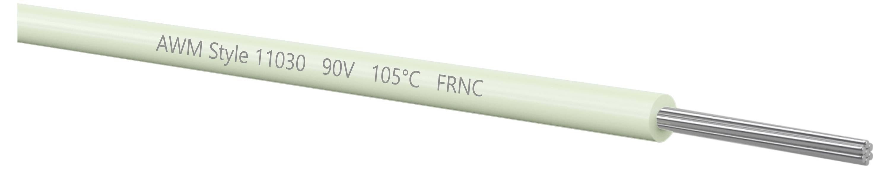 Nahaufnahme eines blassgrünen isolierten Drahtes mit der Bezeichnung „AWM Style 11030 90V 105°C FRNC
