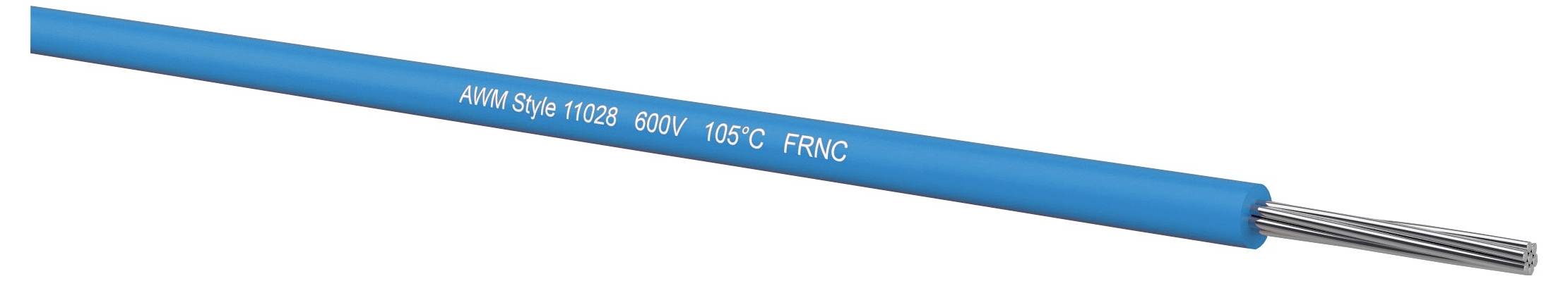 Blaues isoliertes Elektrokabel mit der Bezeichnung „AWM Style 11028 600V 105C FRNC