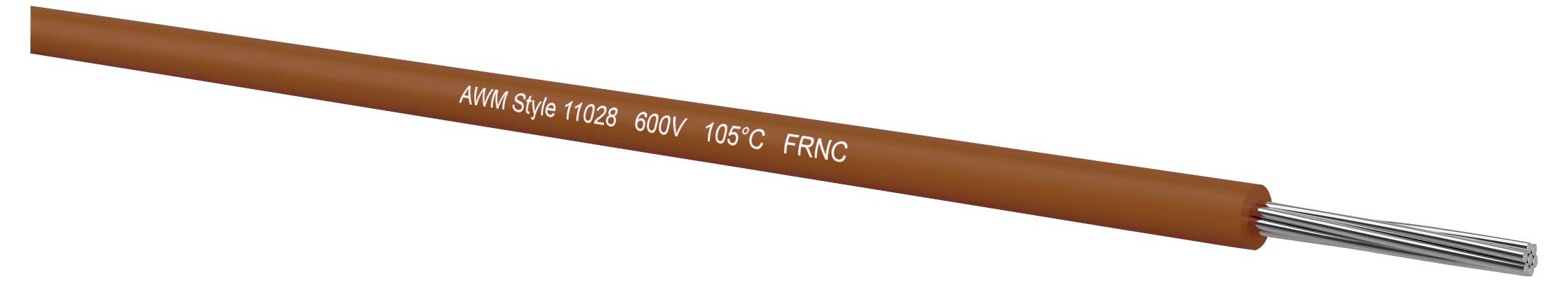 Braunes isoliertes Stromkabel mit freiliegenden silbernen Mehrfachlitzern, gekennzeichnet mit AWM Style 11028 600V 105°C FRNC.