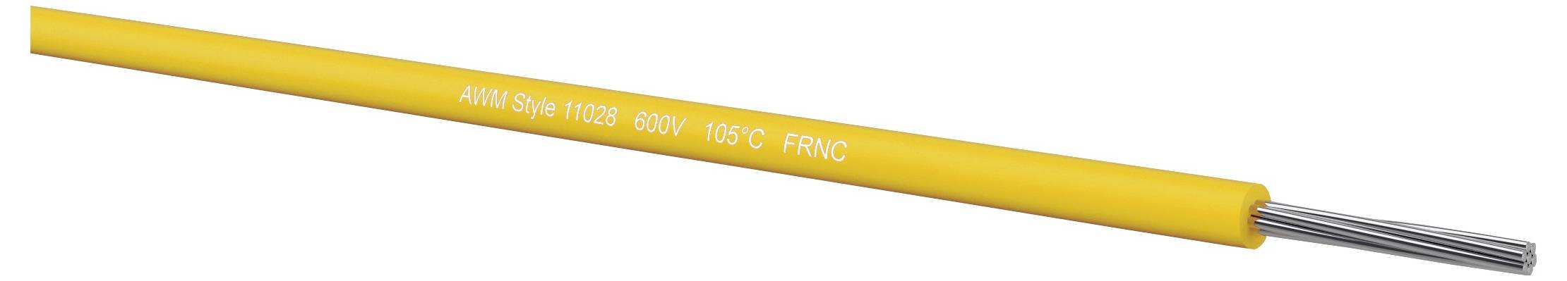 Gelbes isoliertes Kabel mit freiliegendem Silberleiterendstück, beschriftet mit „AWM Style 11028 600V 105C FRNC