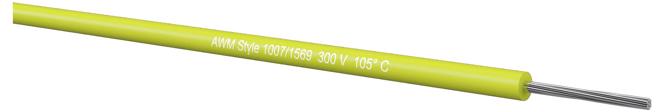 Gelbes isoliertes Elektrokabel mit der Beschriftung „AWM Style 1007/1569 300V 105°C
