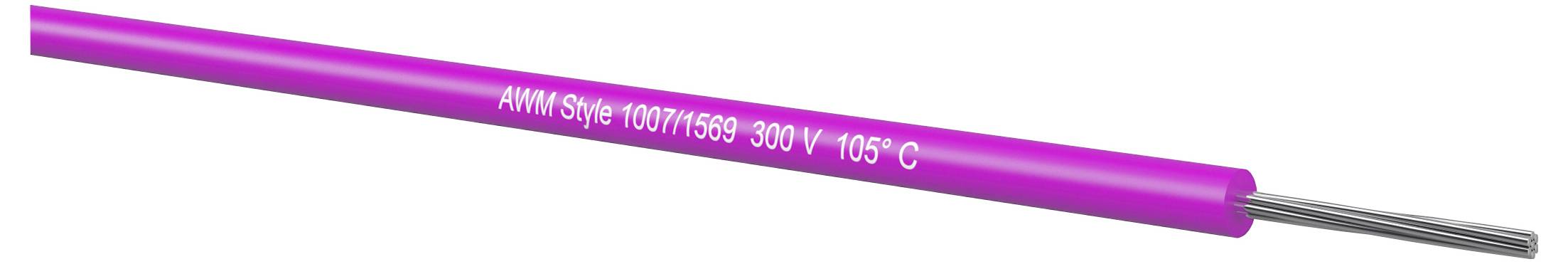 Rosafarbenes isoliertes Elektrokabel mit Bezeichnung AWM Style 1007/1569 300V 105°C mit freiliegenden grauen Drähten am Ende.